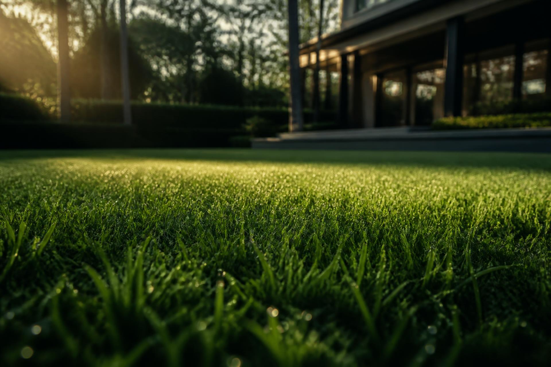 Professionally maintained lawn in front of a modern home at golden hour
